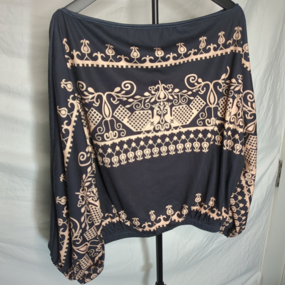 Boho Off Shoulder Peasant Blouse 2XL Black Tan Bird Damask Print Balloon Sleeve